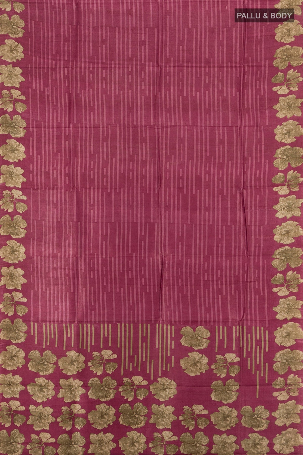 Flat view of Bronze Tussar Silk Saree with Floral Print on the body and Silk Border. 