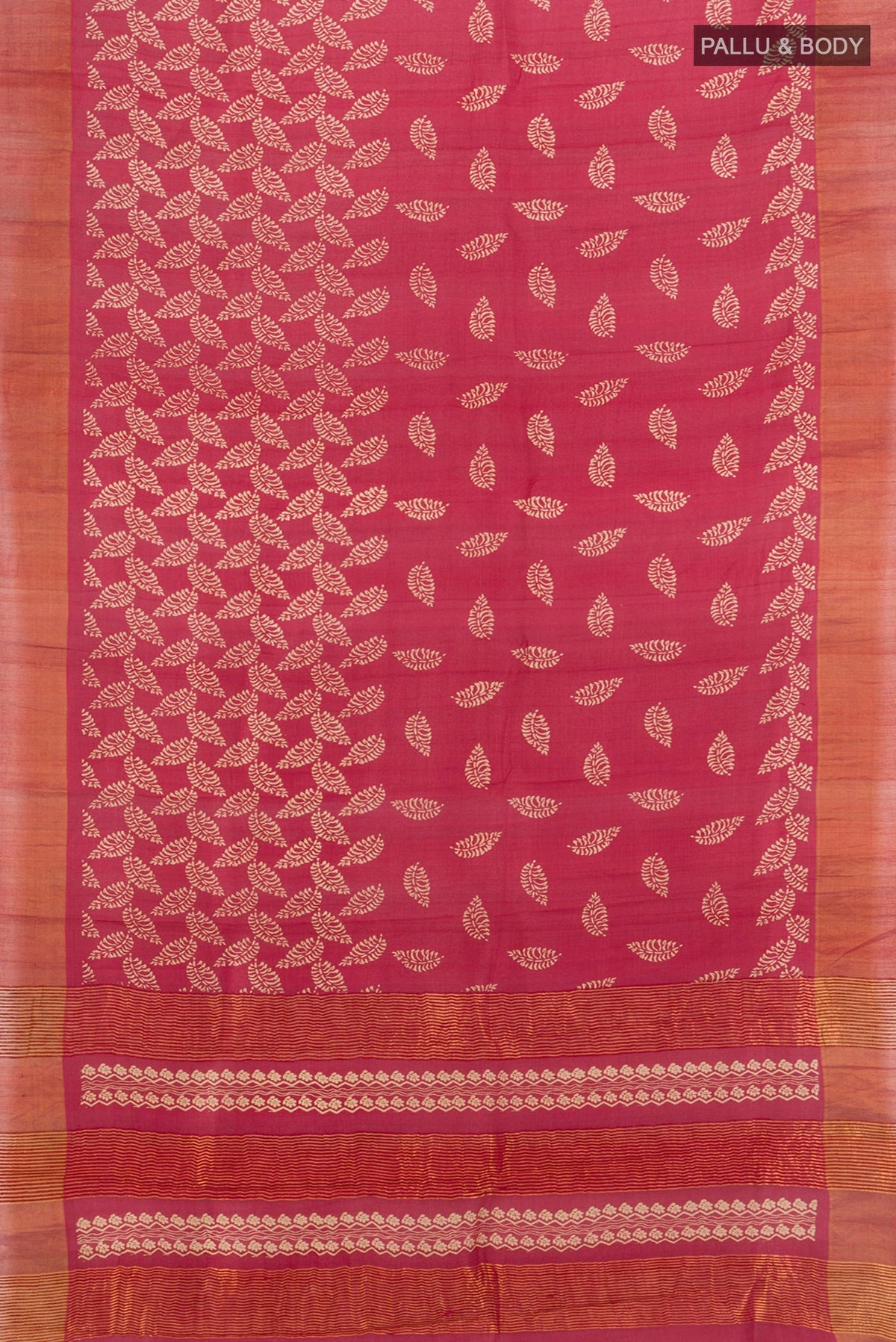 Flat view of Peach Tussar Silk Saree with Floral Print on the body and Silk Border. 