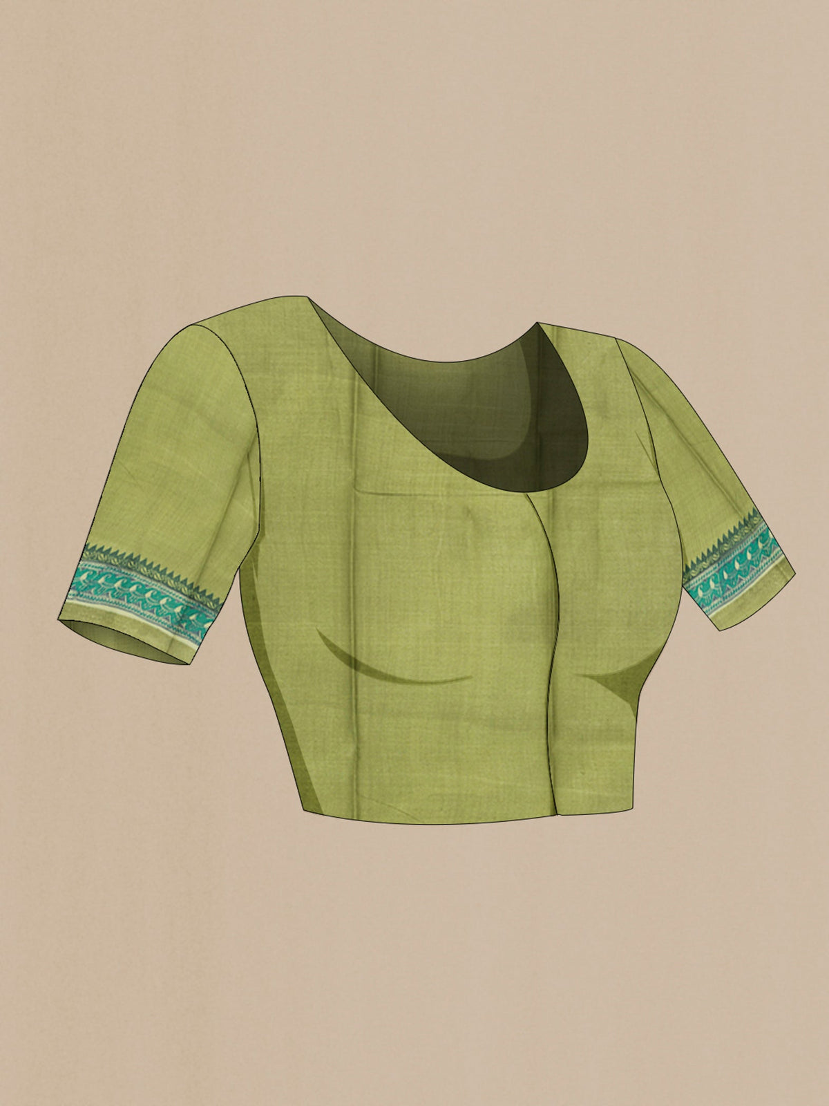 Close up image of the blouse of Beige Tussar Silk Saree with Printed design on the body and Printed Border. 