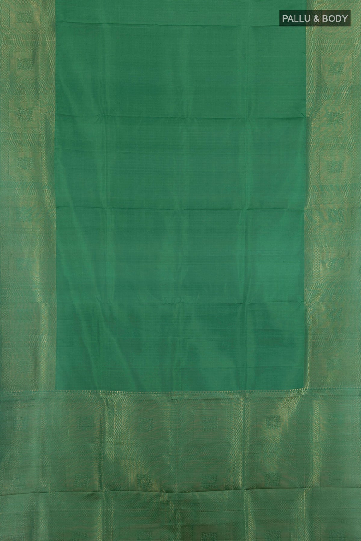 Flat view of Green Soft Silk Saree with Plain Body and Zari Border. 