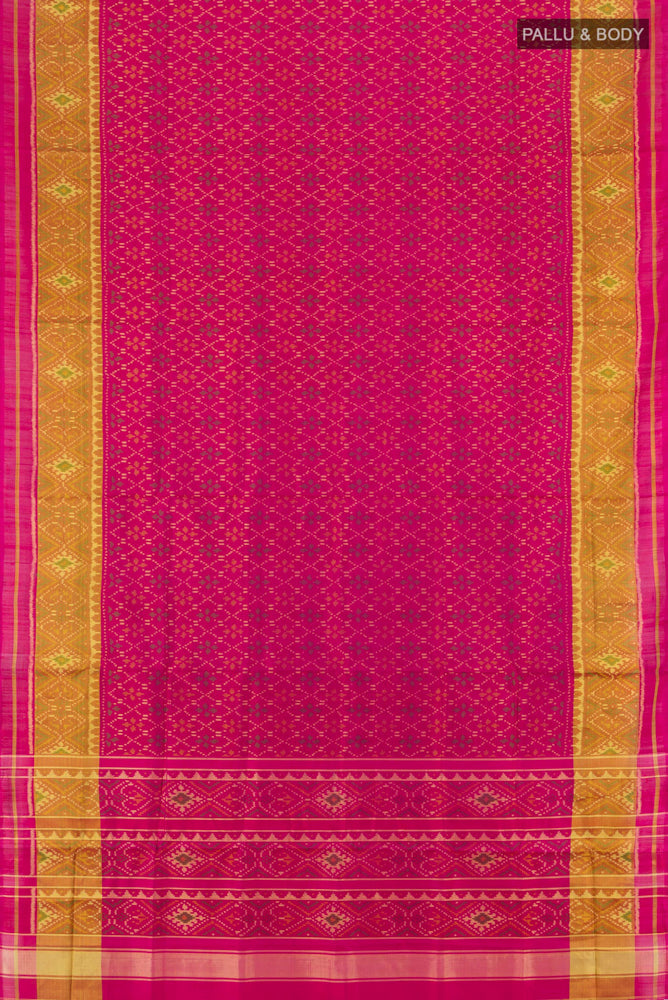 Flat view of Rani Pink Pochampally Saree with Ikat Print on the body and Silk Border. 