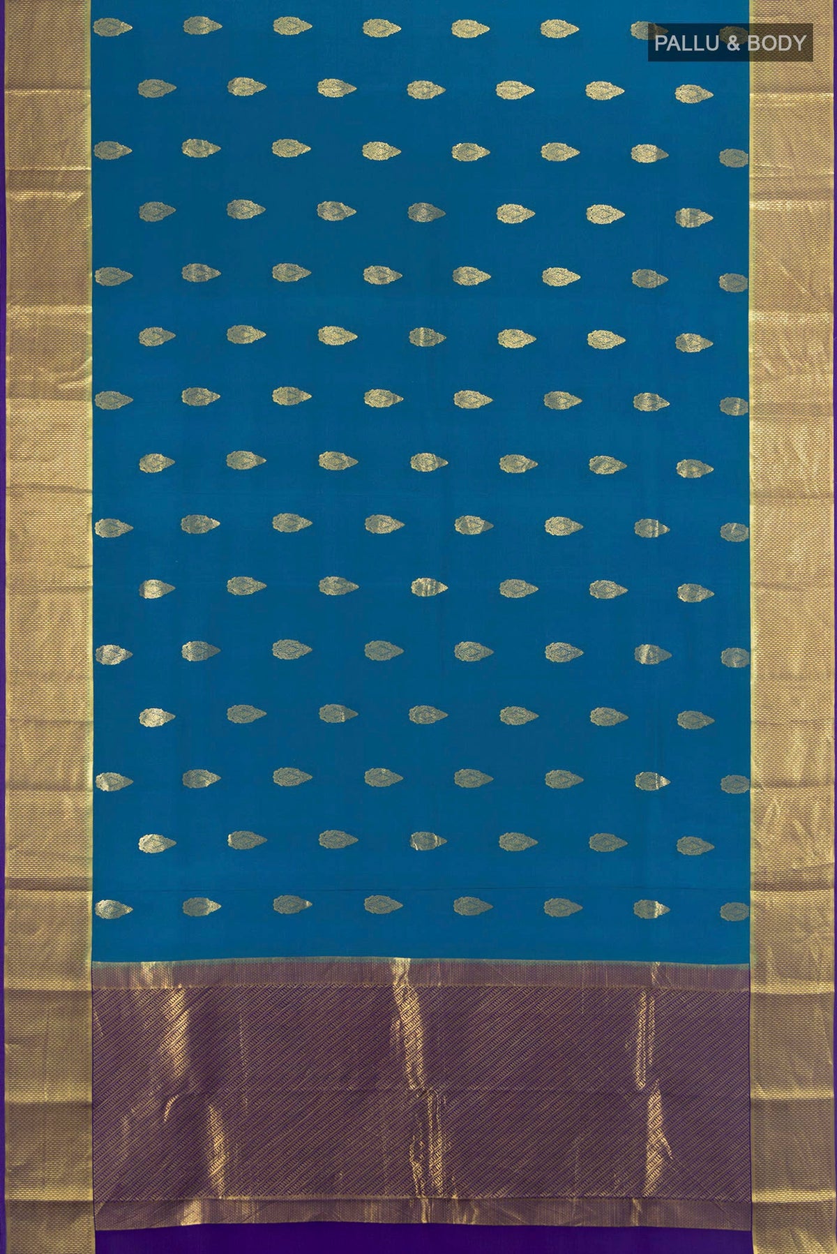 Flat view of Dark Blue Mysore Crepe Saree with Zari Butta on the body and Silk Border. 