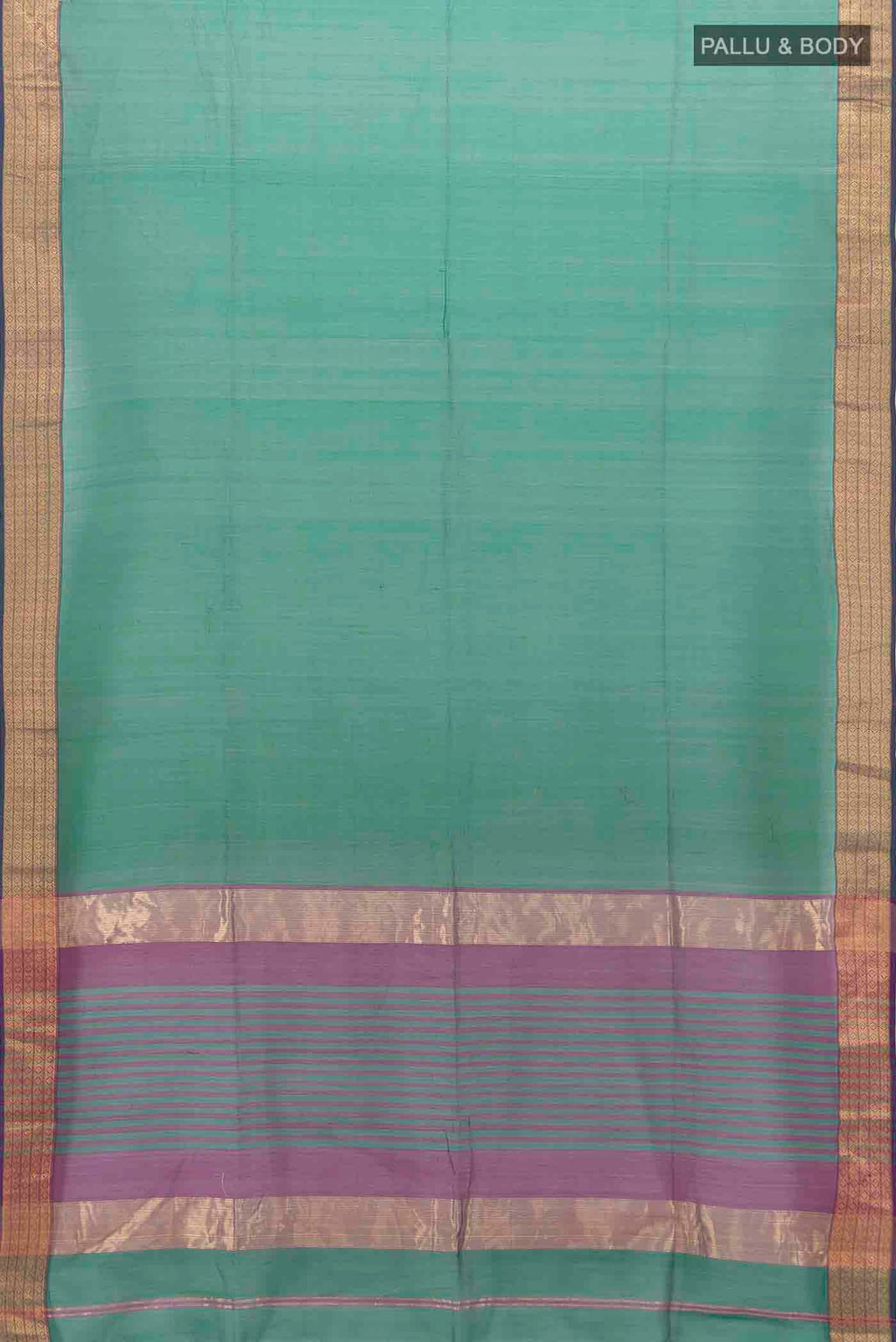Flat view of Peacock Blue Maheshwari Silk Cotton Saree with Zari Butta on the body and Silk Border