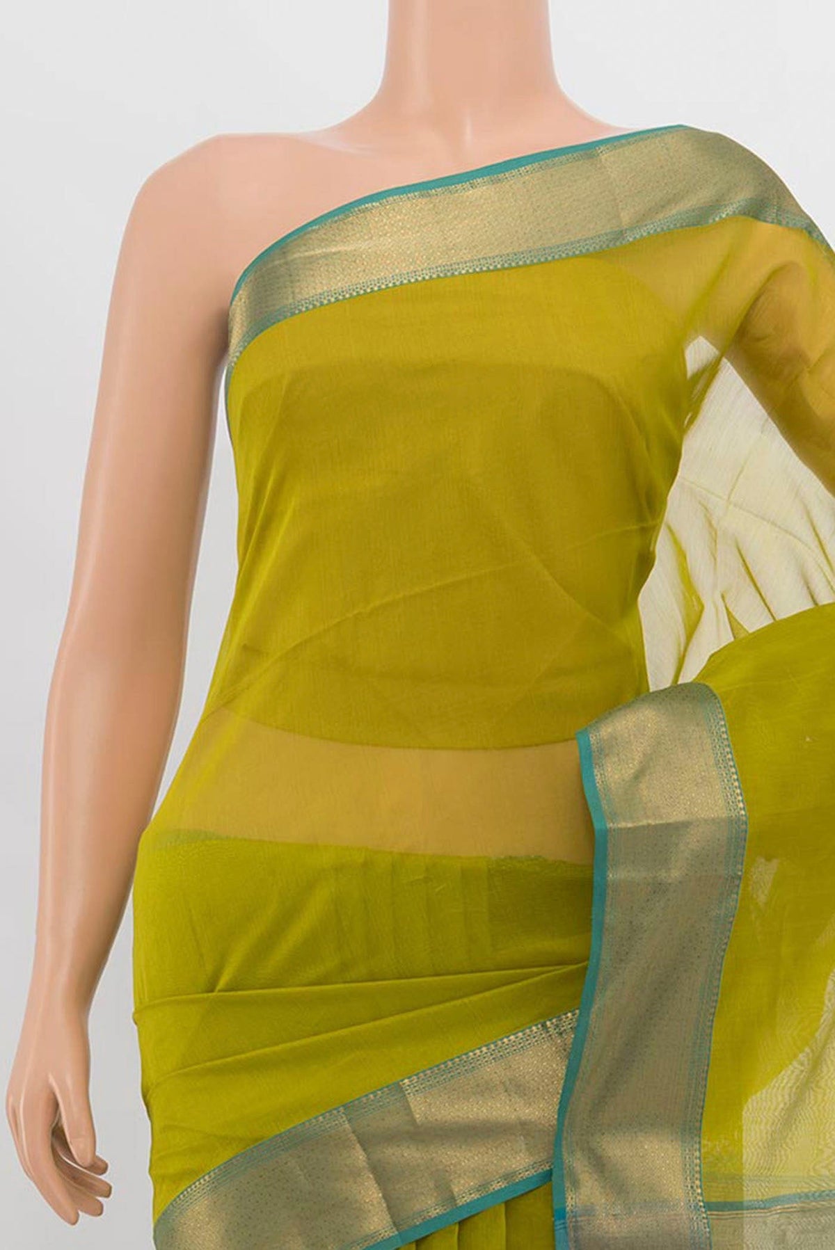 Border image of Parrot Green Maheshwari Silk Cotton Saree with Zari Butta on the body and Silk Border. 
