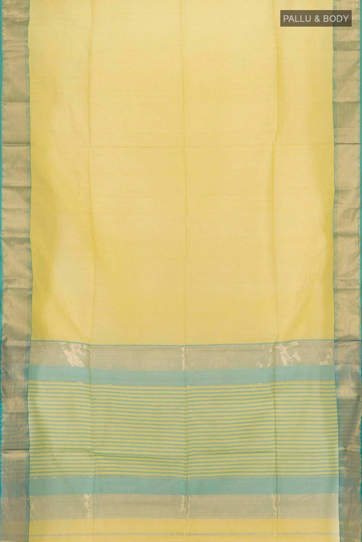 Flat view of Parrot Green Maheshwari Silk Cotton Saree with Zari Butta on the body and Silk Border. 