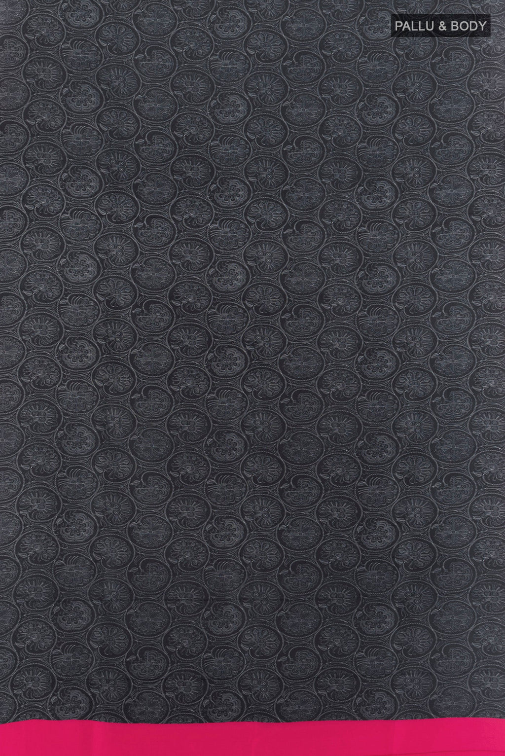 Flat view of Black Printed Silk Saree with Floral Print on the body and Plain Border. 