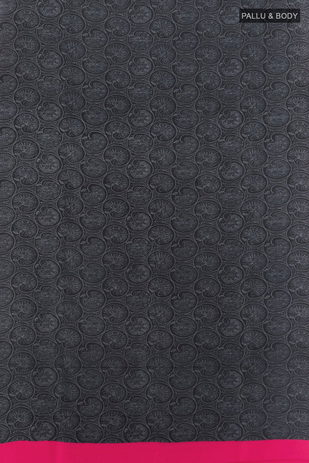 Flat view of Black Printed Silk Saree with Floral Print on the body and Plain Border. 