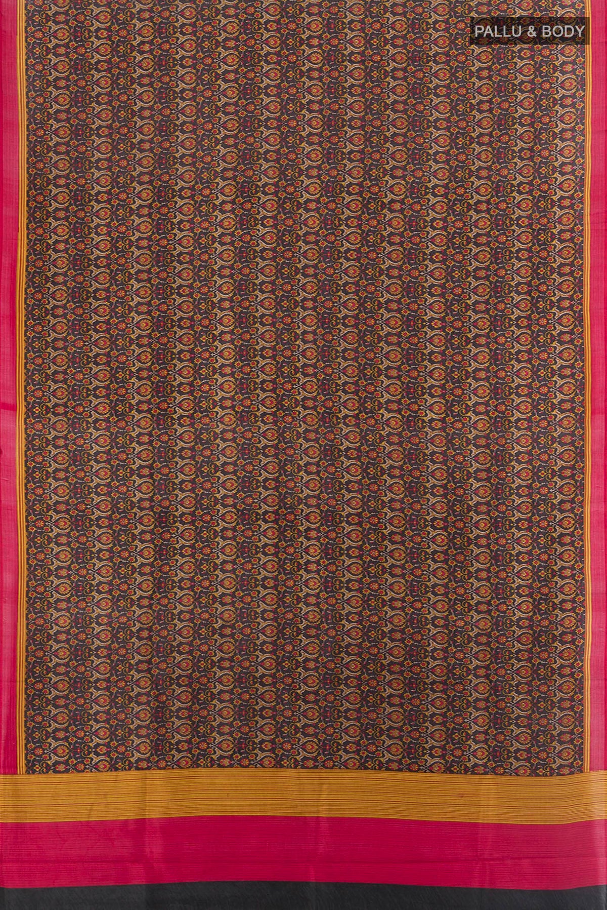 Flat view of Black Printed Silk Saree with Floral Print on the body and Printed Border. 