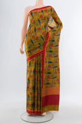 Mehandi Green Printed Silk Saree with Bird Print on the body and Plain Border.  displayed on a mannequin