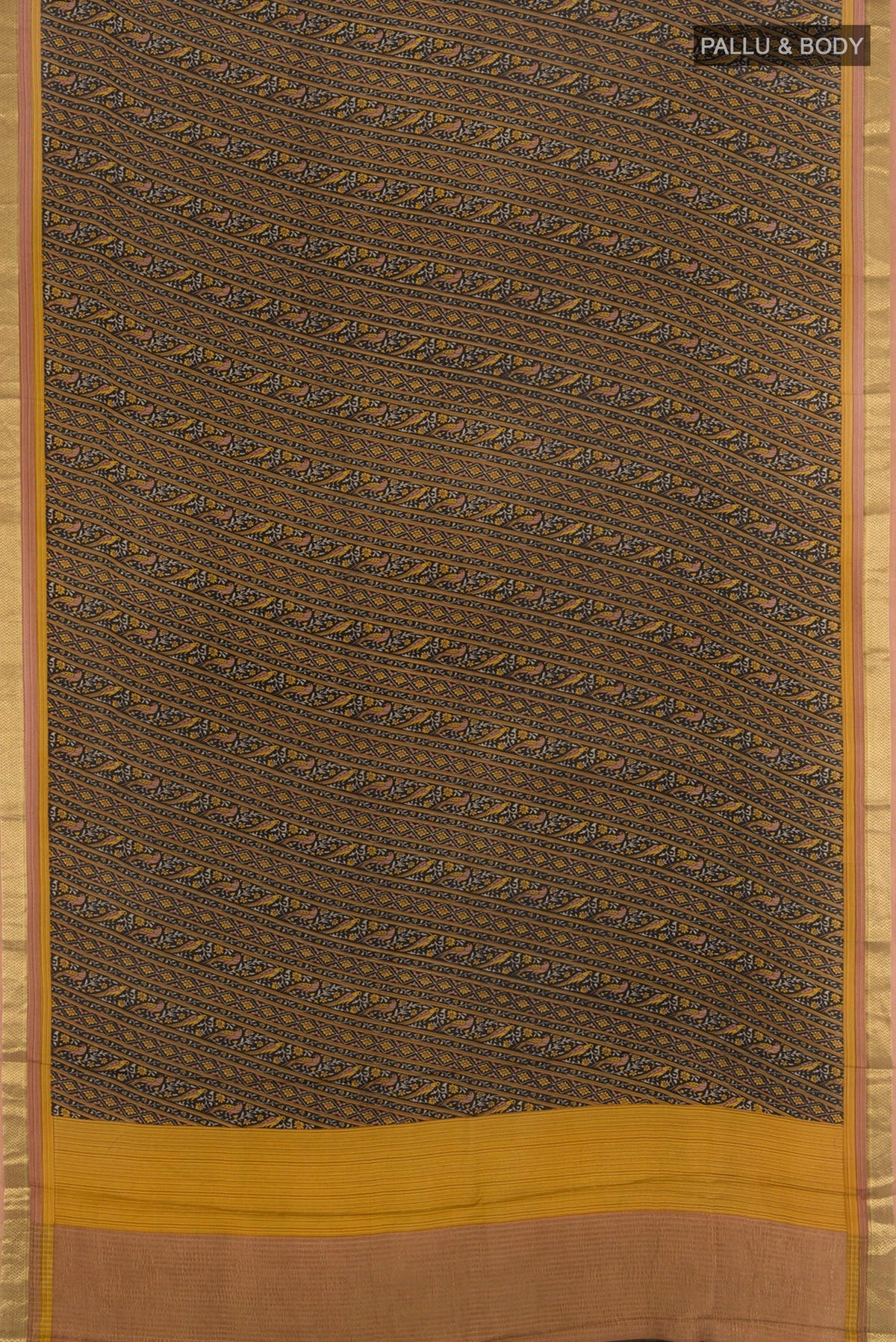 Flat view of Black Crepe Saree with Floral Print on the body and Zari Border. 