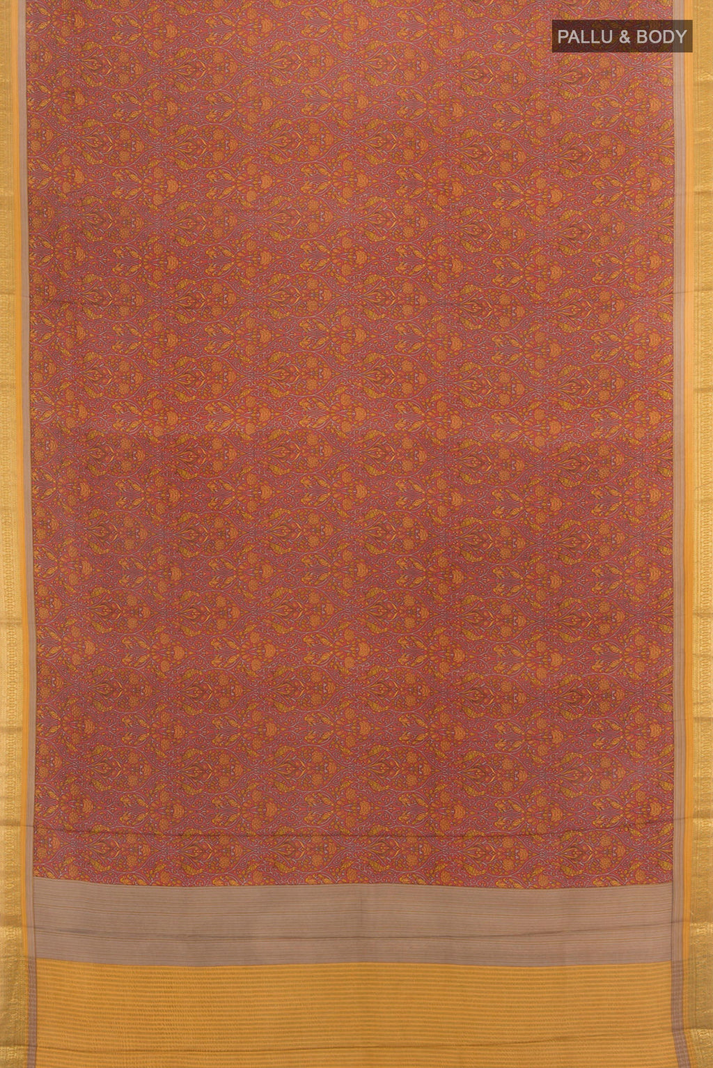 Flat view of Coral Crepe Saree with Floral Print on the body and Zari Border. 
