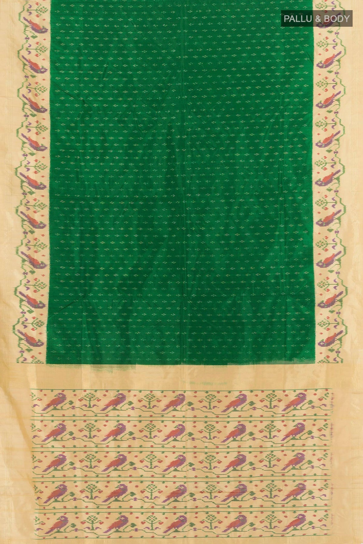 Flat view of Green Pochampally Silk Saree with Pure Ikat on the body and Zari Border. 