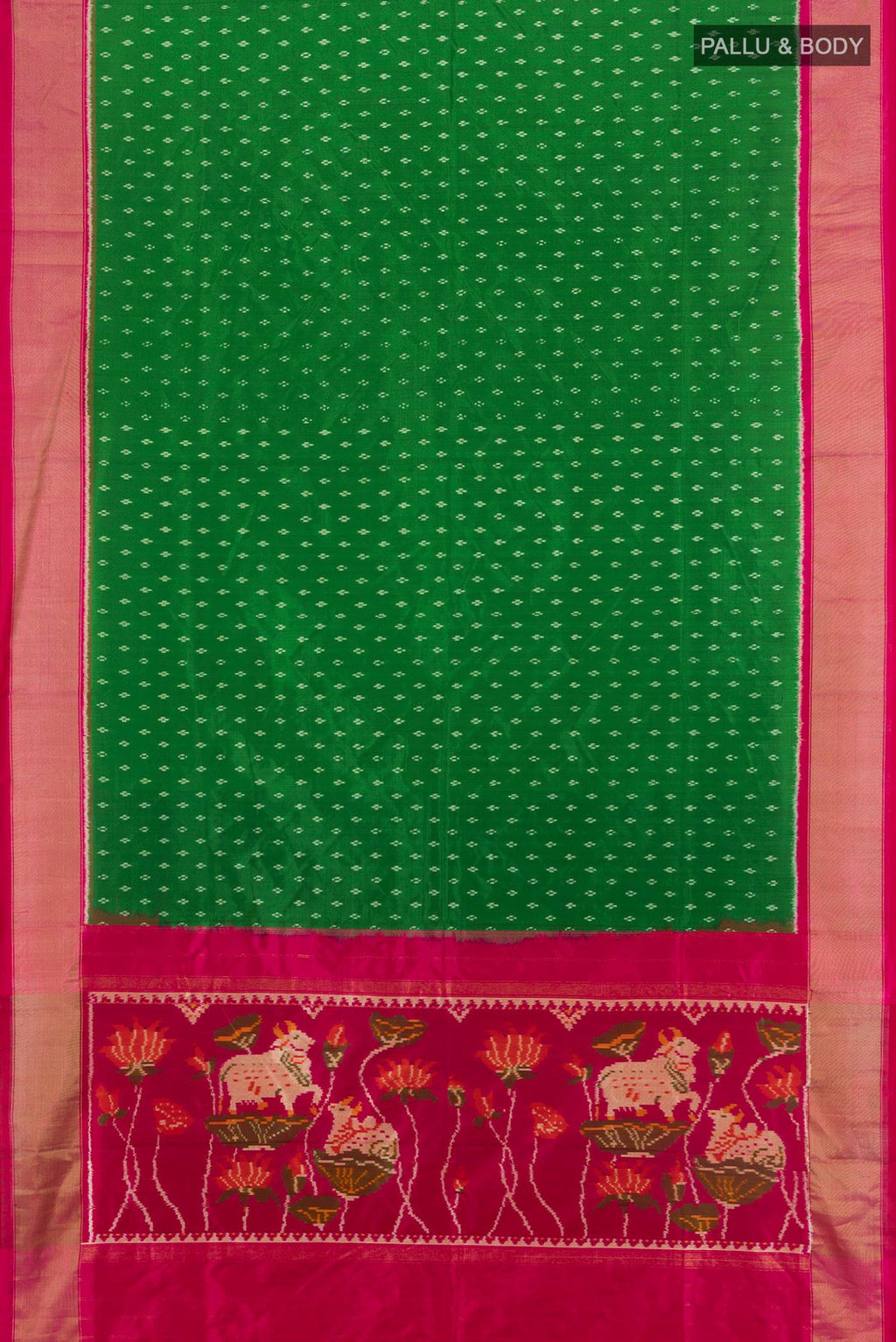 Flat view of Green Pochampally Saree with Pure Ikat on the body and Zari Border. 