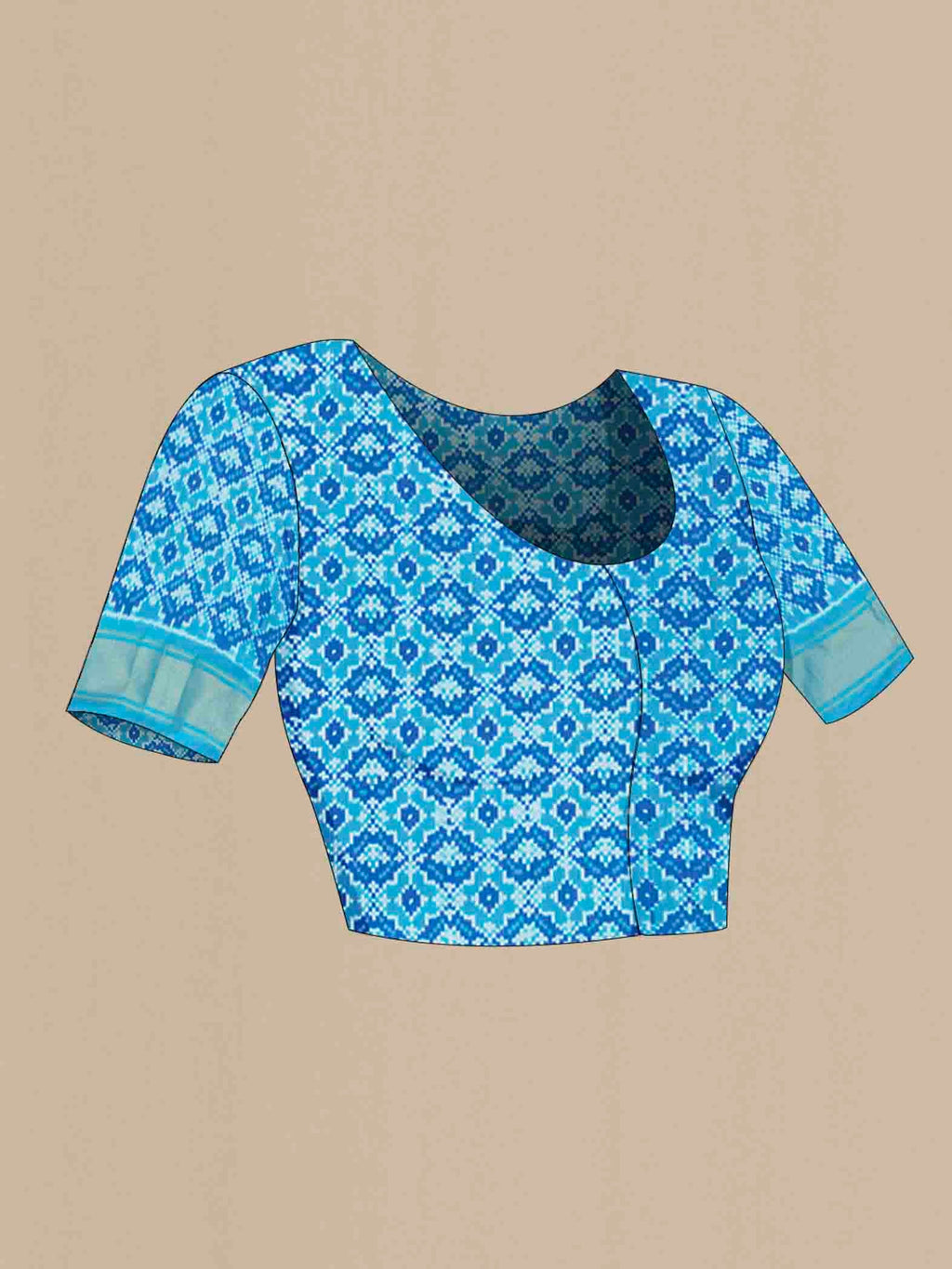 Close up image of the blouse of Light Blue Pochampally Nine Yards Saree with Ikat Print on the body and Ikat Border