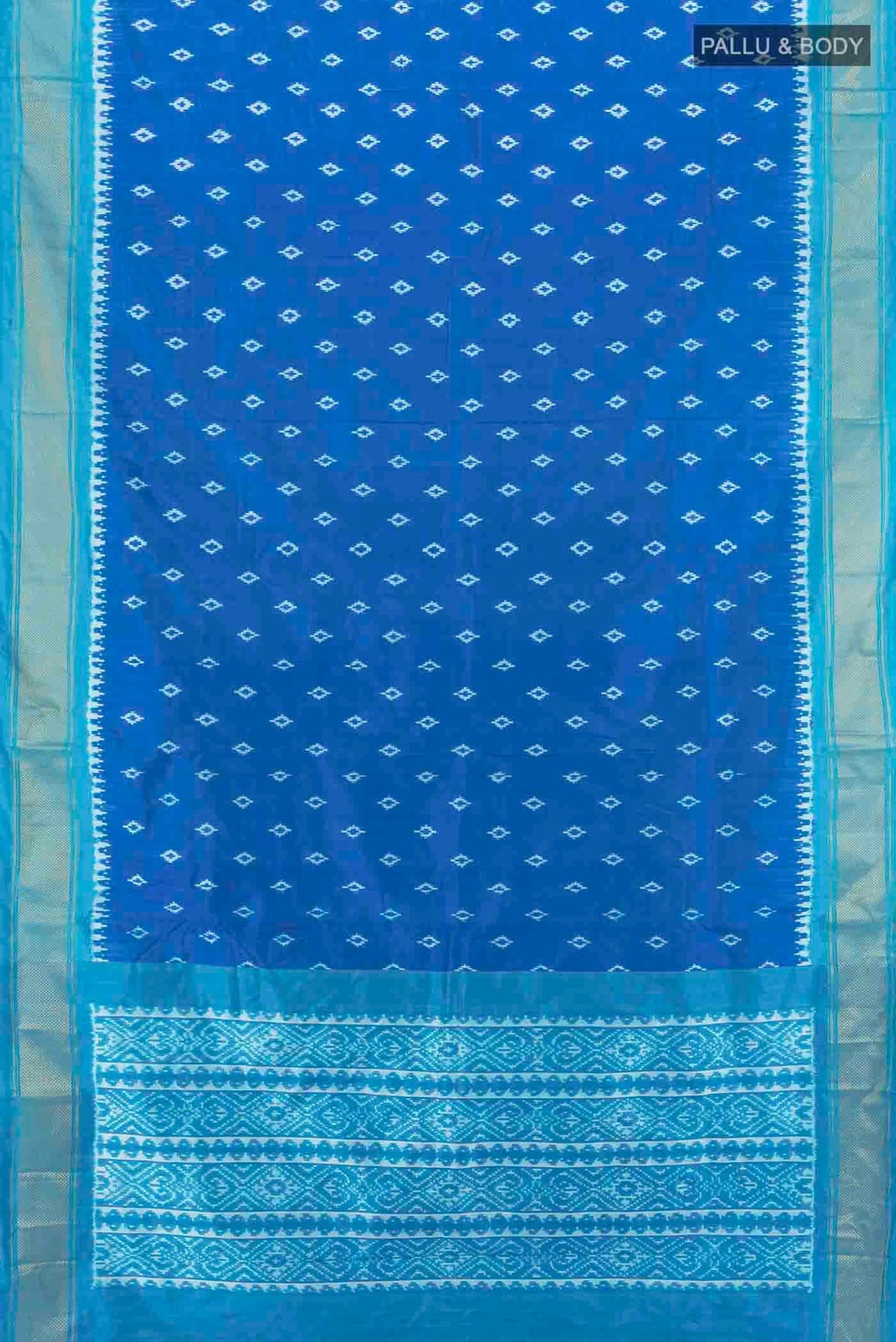 Flat view of Light Blue Pochampally Nine Yards Saree with Ikat Print on the body and Ikat Border