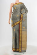 Pure Silk Pure Zari Davys Grey Kanjivaram Saree with Zari Butta on the body and Silk Border.  displayed on a mannequin