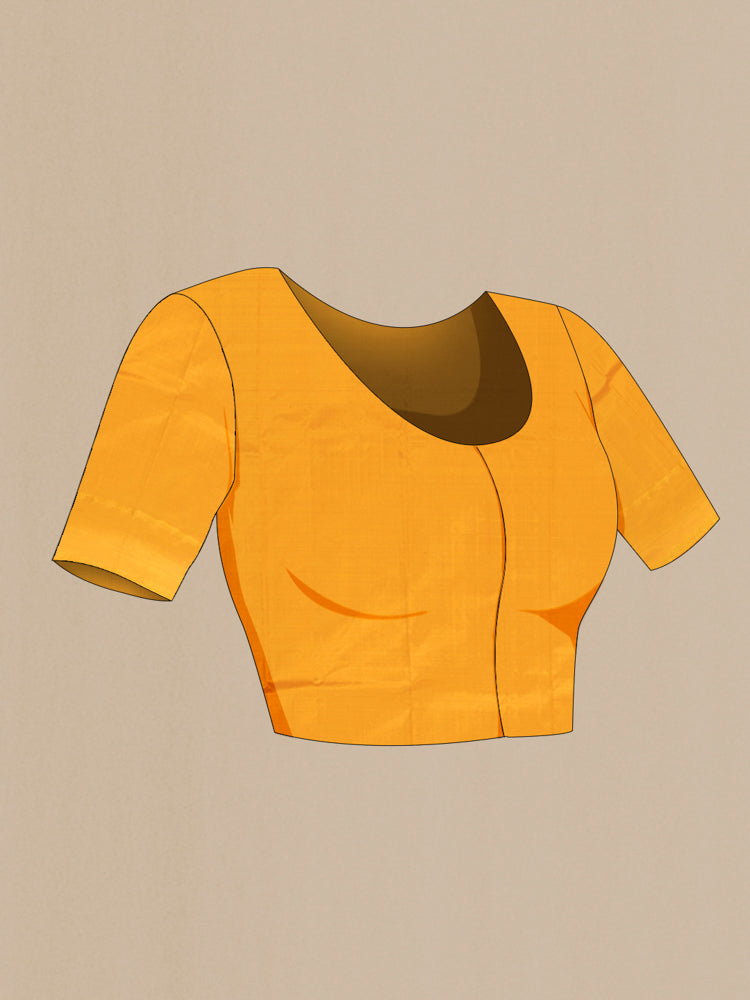 Close up image of the blouse of Yellow Kanchipuram Silk Saree with Plain Body and Zari Border. 