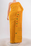 Yellow Kanchipuram Silk Saree with Plain Body and Zari Border.  displayed on a mannequin