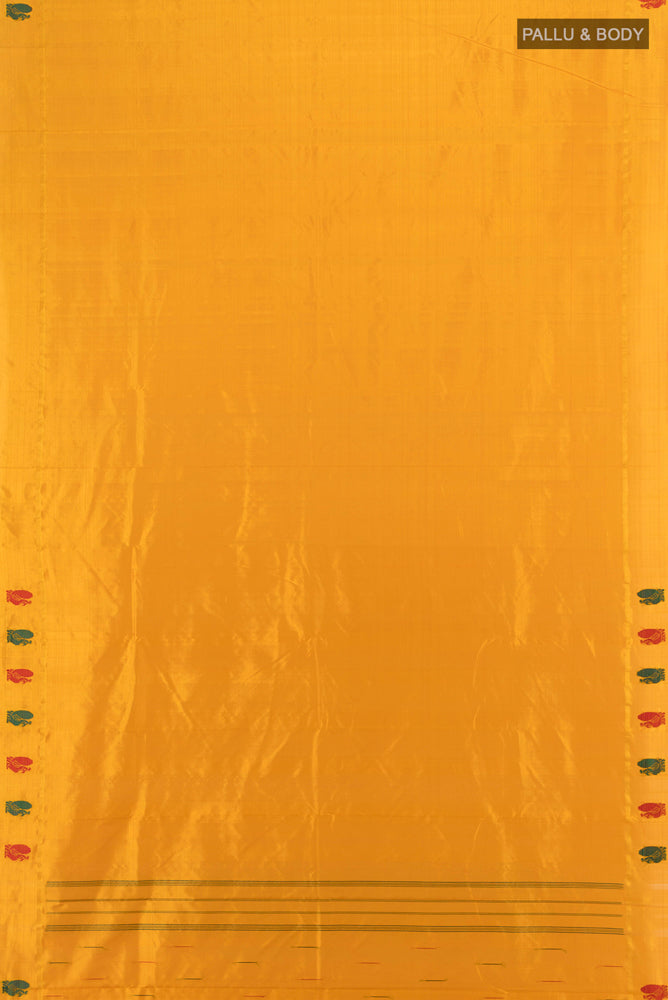 Flat view of Yellow Kanchipuram Silk Saree with Plain Body and Zari Border. 