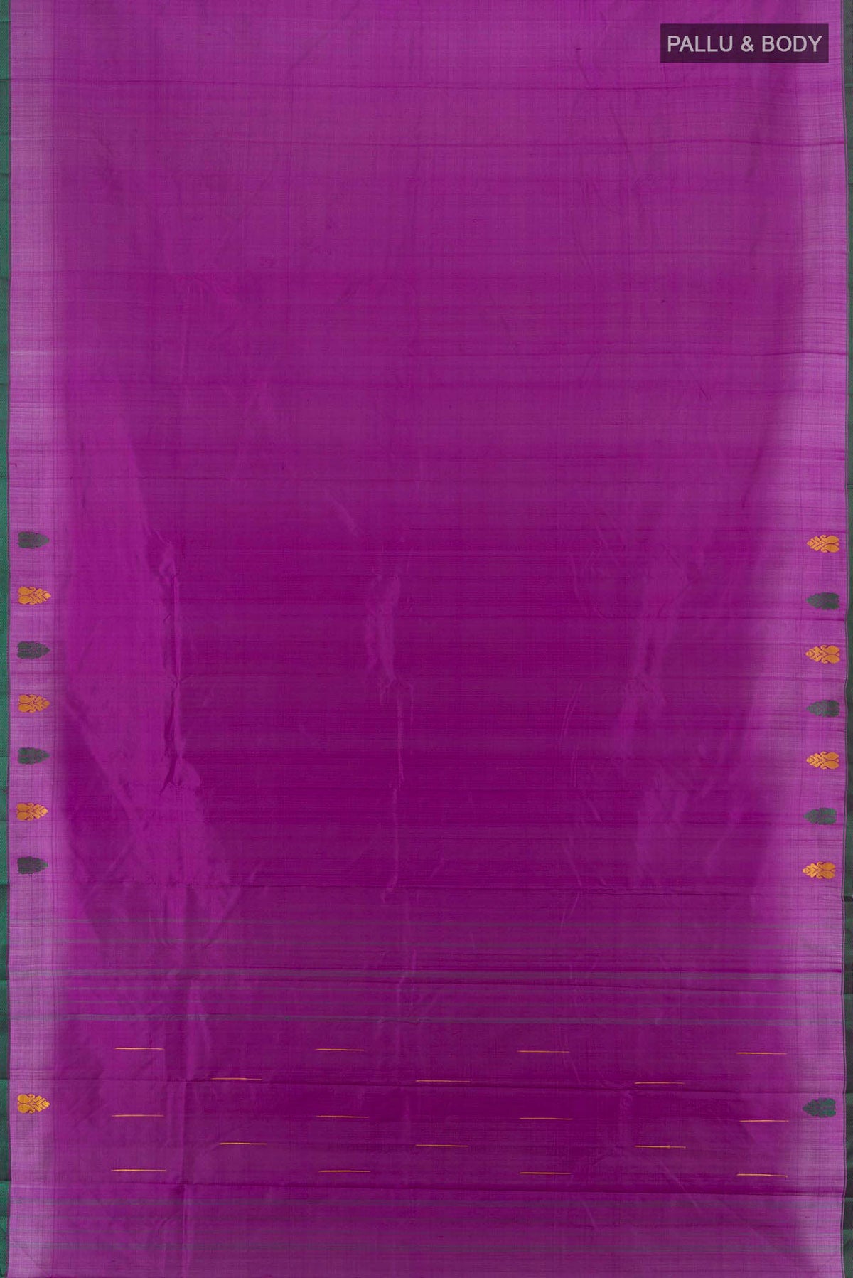 Flat view of Violet Kanchipuram Silk Saree with Thread Butta on the body and Thread Border. 