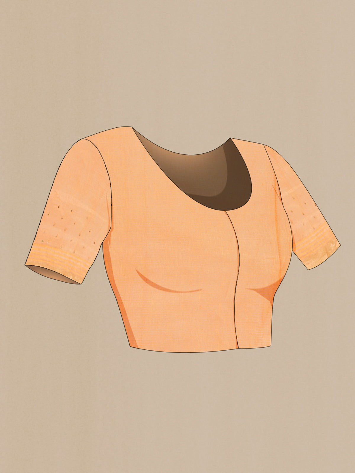 Close up image of the blouse of Peach Tussar Silk Saree with Embroidery on the body and Zari Border. 