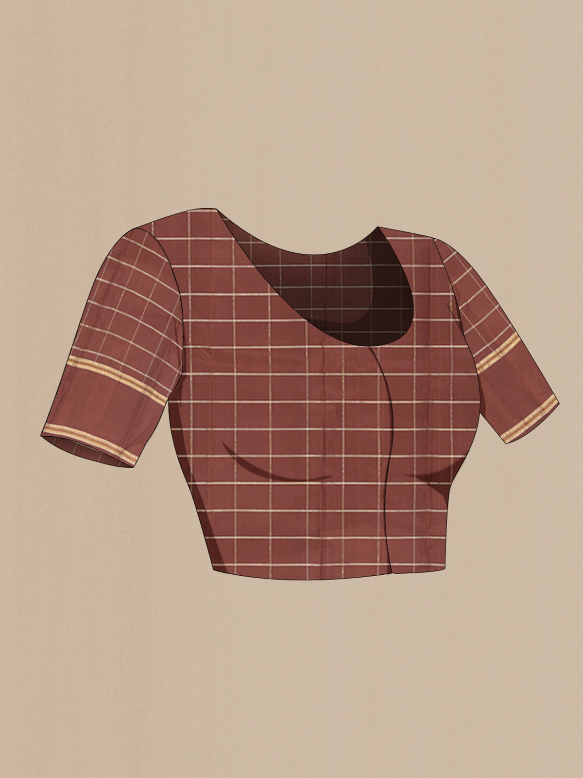 Close up image of the blouse of Brown Kanchipuram Silk Saree with Checked design on the body and Plain Border. 