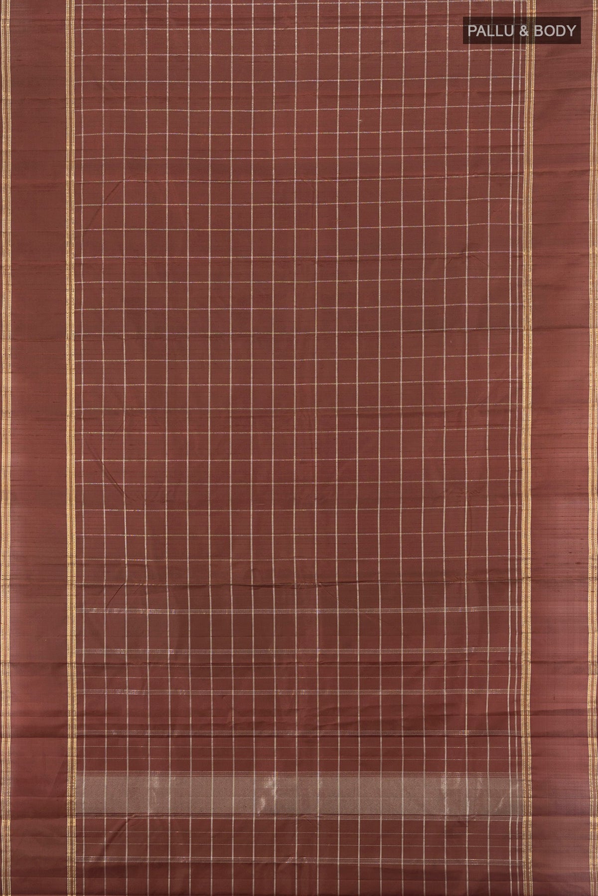 Flat view of Brown Kanchipuram Silk Saree with Checked design on the body and Plain Border. 