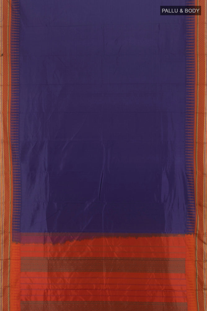 Flat view of Violet Bangalore Silk - kadyal Saree with Plain Body and Zari Border. 