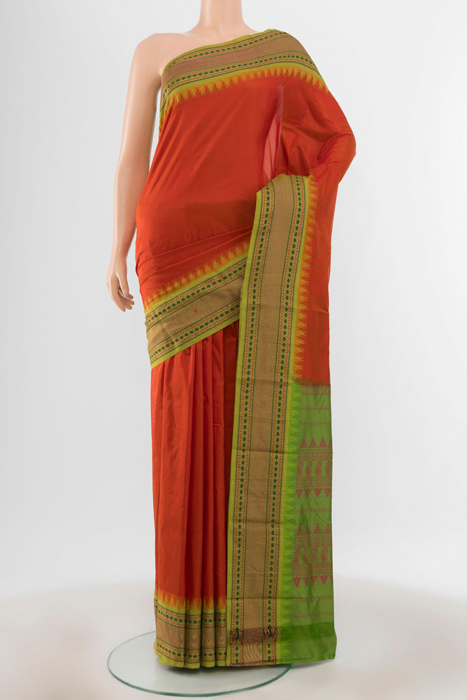 Brick Orange Bangalore Silk - kadyal Saree with Plain Body and Zari Border.  displayed on a mannequin