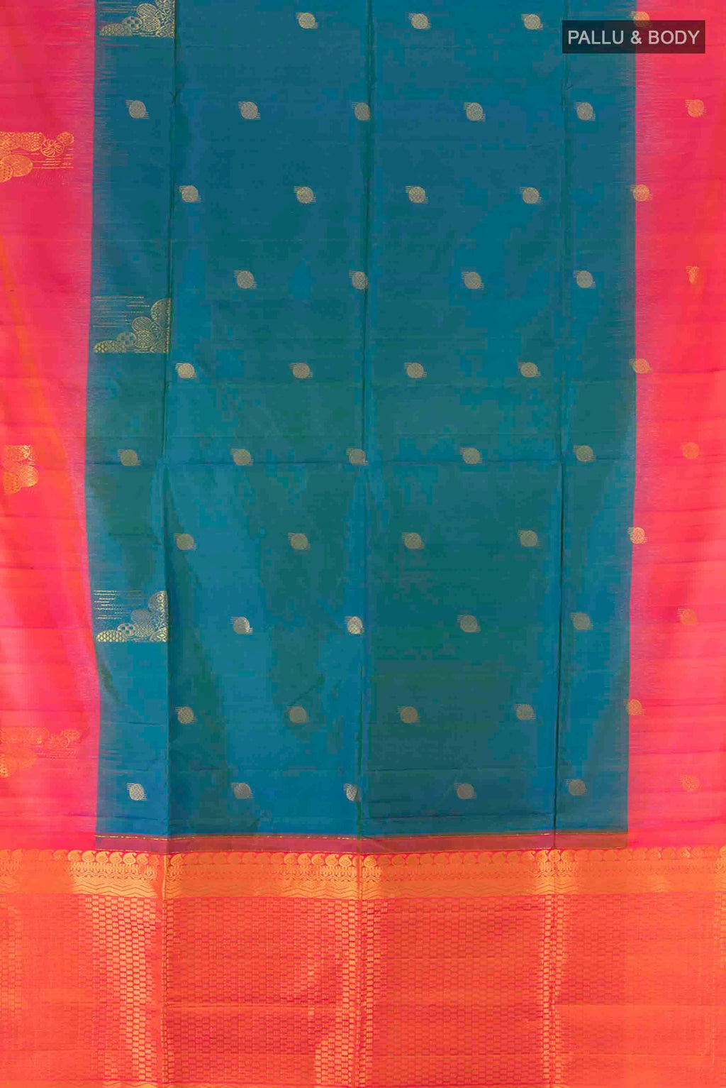 Flat view of Peacock Blue Soft Silk Saree with Zari Butta on the body and Silk Border