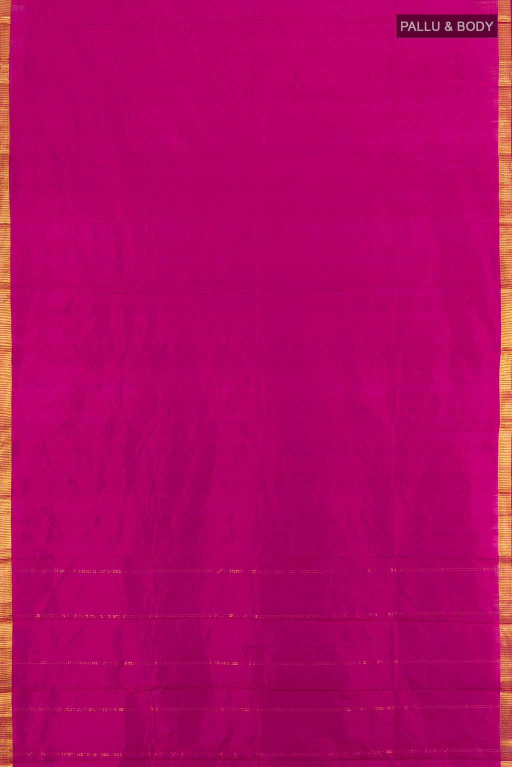 Flat view of Magenta Kanchipuram Silk Saree with Plain Body and Zari Border. 