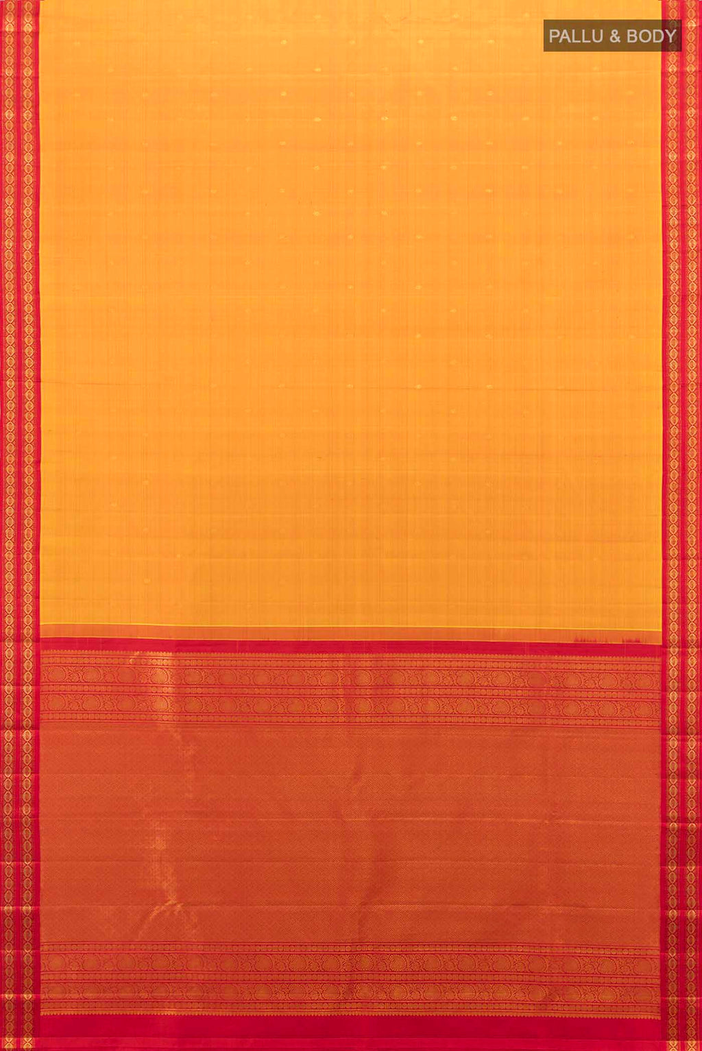 Flat view of Mustard Kanchipuram Silk Saree with Zari Butta on the body and Zari Border. 