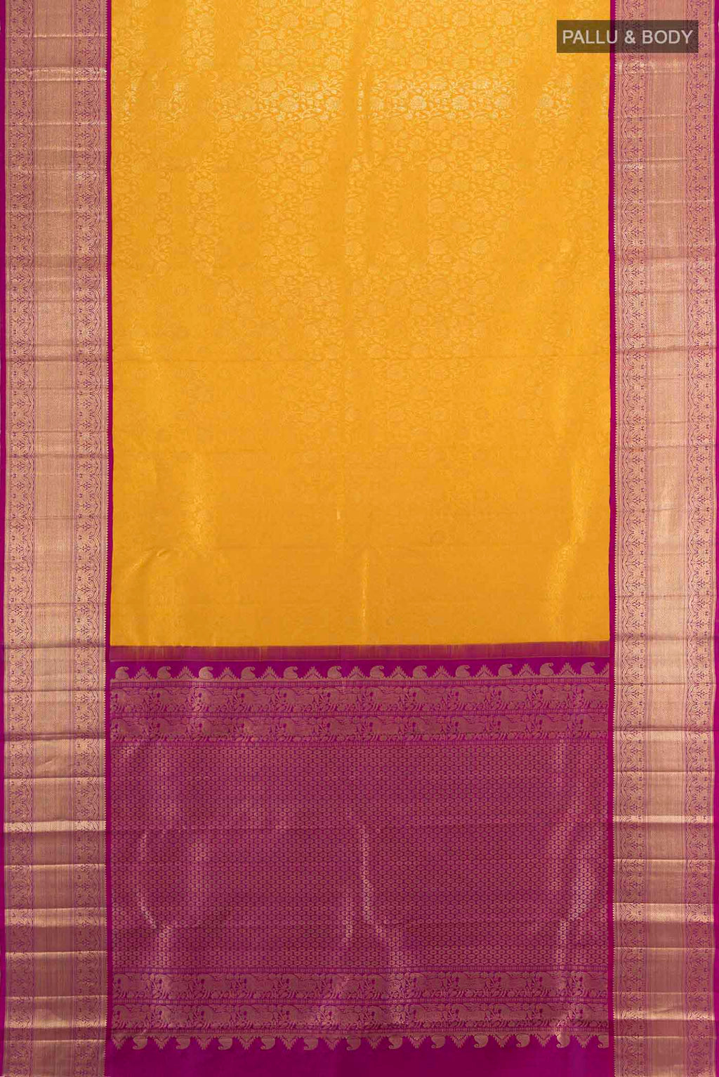 Flat view of Yellow Kanchipuram Silk Saree with Zari Butta on the body and Silk Border. 