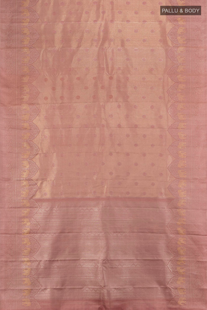 Flat view of Dark Mauve Kanjivaram Silk Saree with Zari Brocade on the body and Zari Border. 