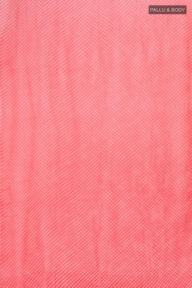 Flat view of Pure Silk Pure Zari Peach Bandhani Georgette Saree with Bandhani on the body and Checks Border. 