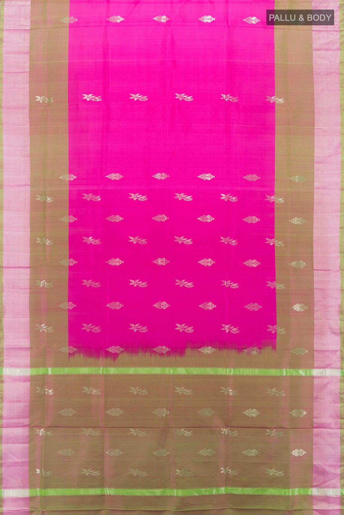 Flat view of Magenta Uppada Silk Saree with Zari Butta on the body and Zari Border. 