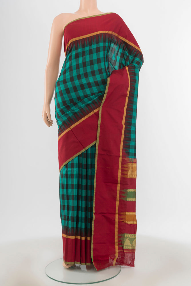 Multi Color Bangalore Silk - kadyal Saree with Checked design on the body and Zari Border.  displayed on a mannequin