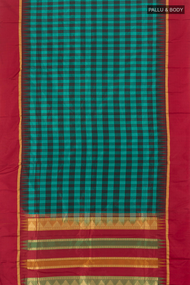 Flat view of Multi Color Bangalore Silk - kadyal Saree with Checked design on the body and Zari Border. 