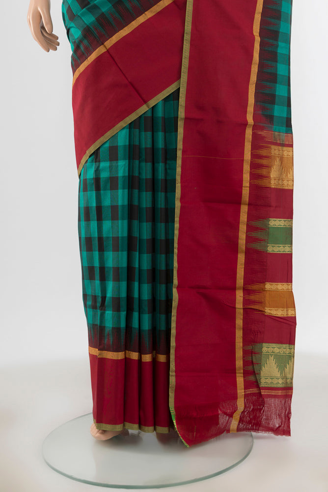 Pleats and pallu of Multi Color Bangalore Silk - kadyal Saree with Checked design on the body and Zari Border. 