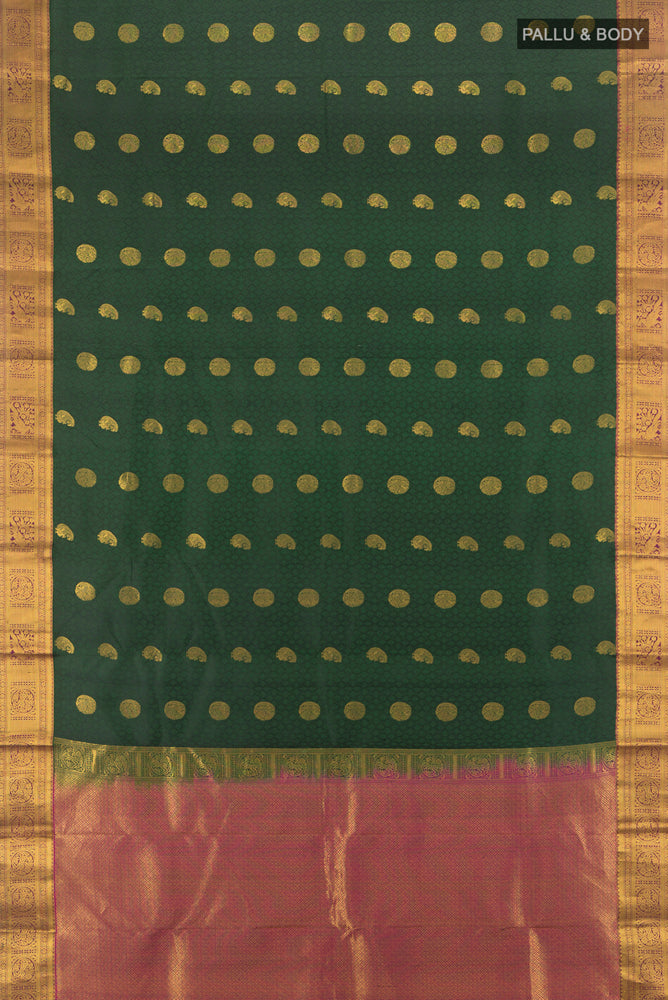 Flat view of Bottle Green Kanchipuram Silk Saree with Jacquard With Zari Butta on the body and Zari Border. 
