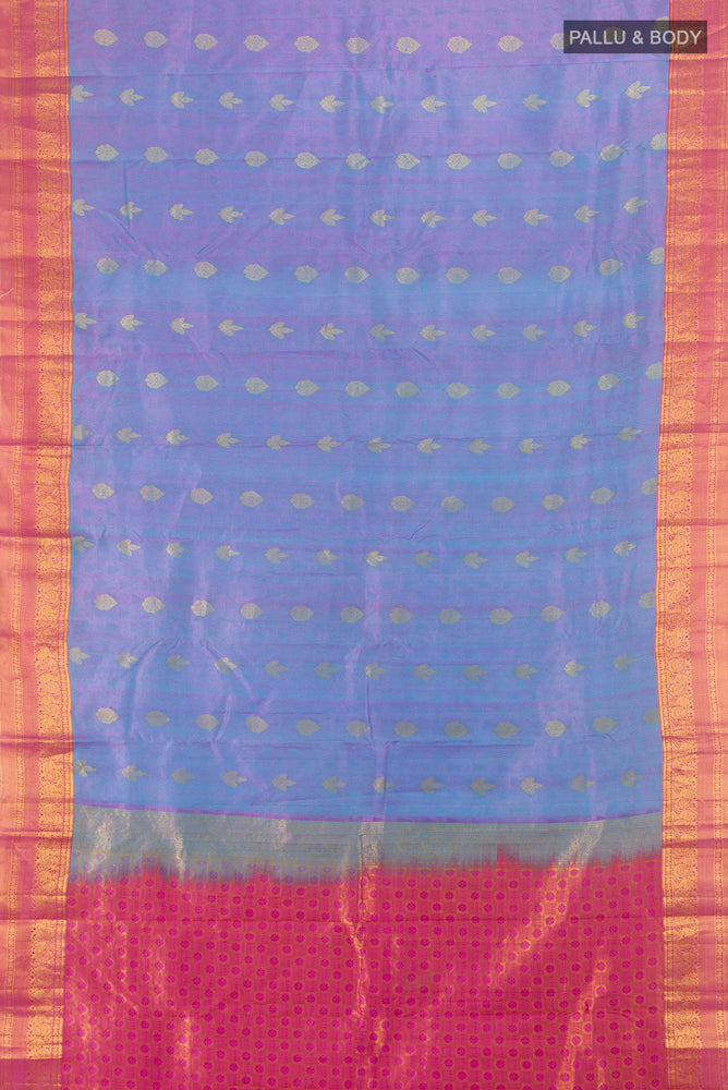 Flat view of Lavender Kanchipuram Silk Saree with Jacquard With Zari Butta on the body and Zari Border. 
