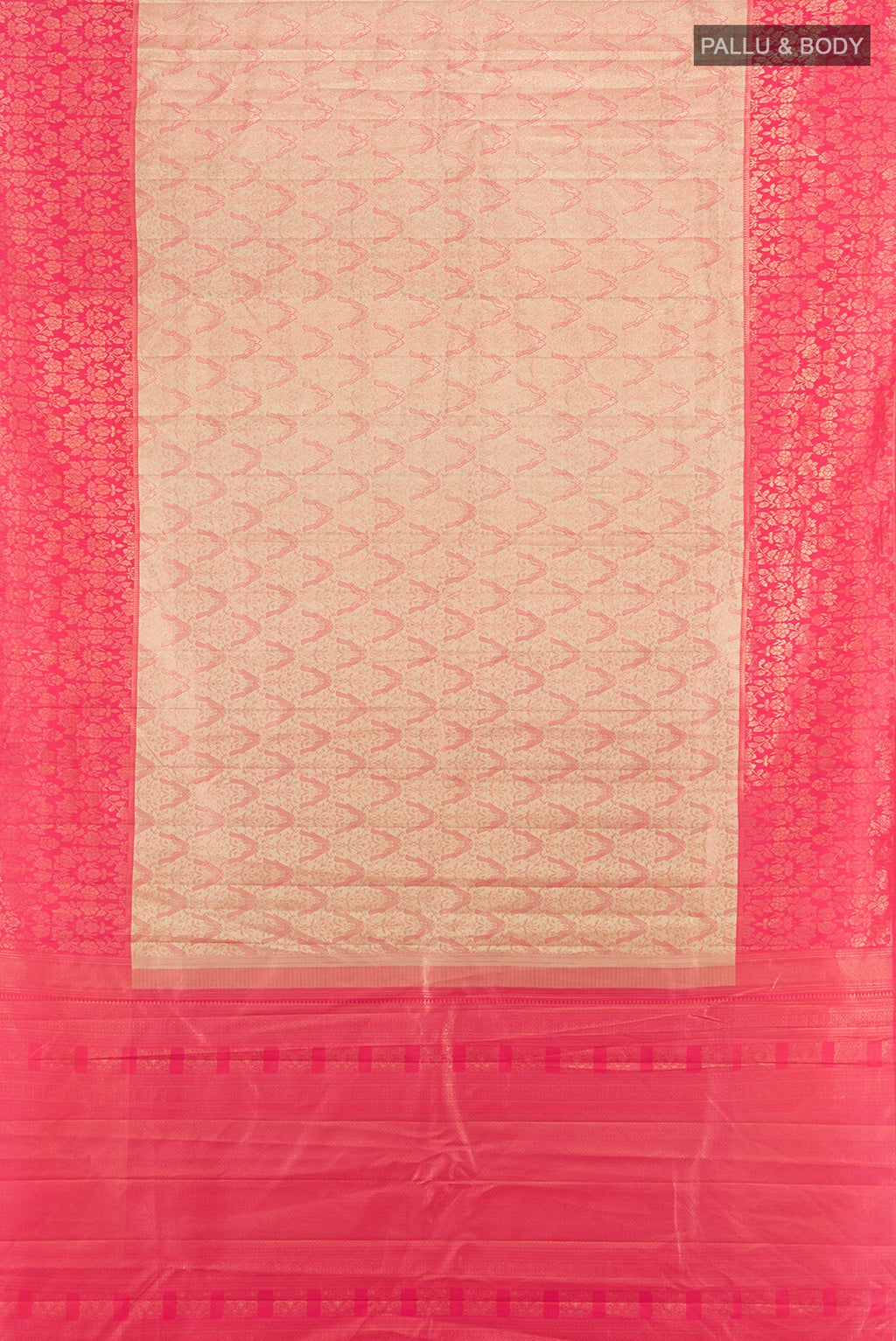 Flat view of Rose Gold Kanchipuram Tissue Silk Saree with Zari Brocade on the body and Zari Border. 