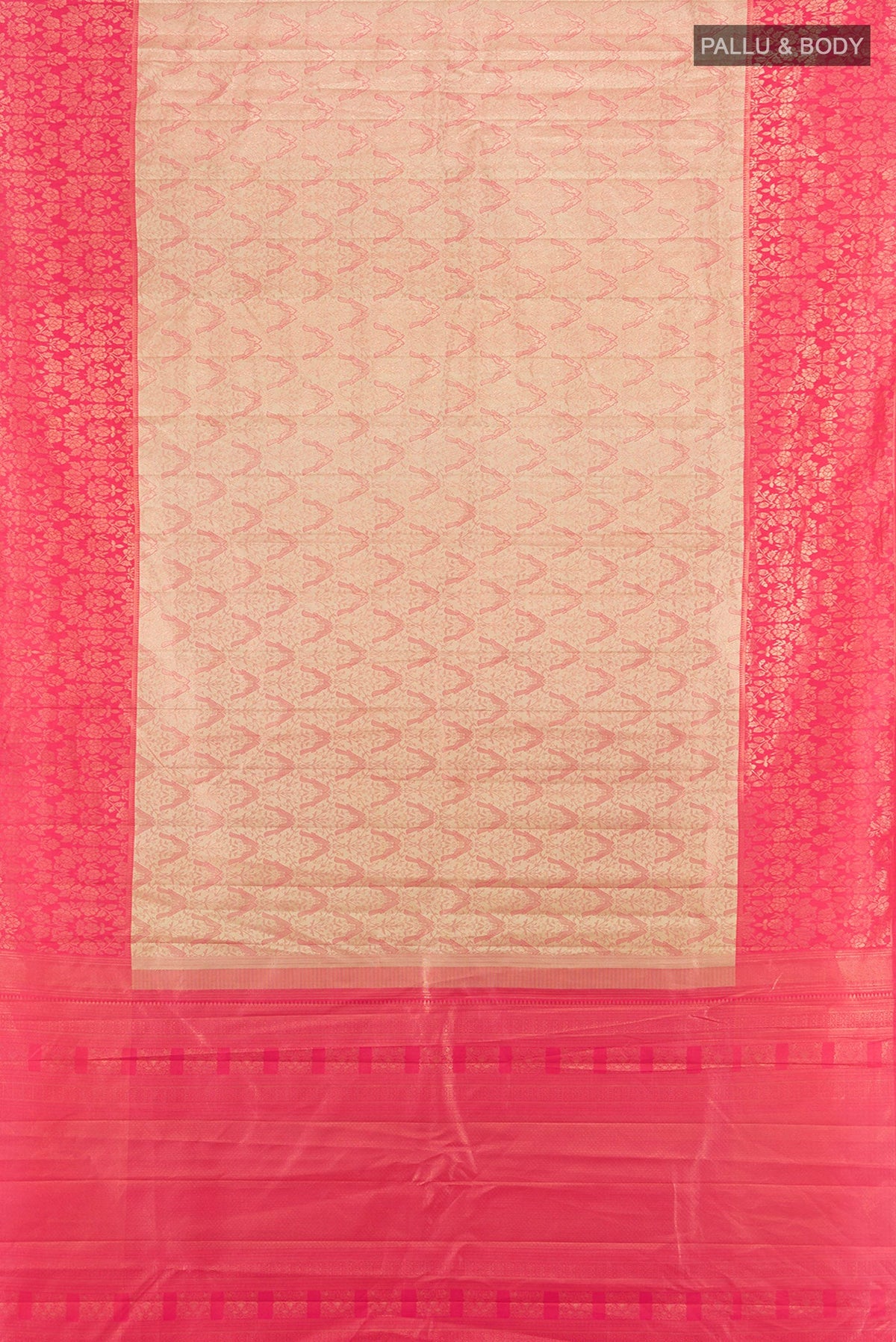 Flat view of Rose Gold Kanchipuram Tissue Silk Saree with Zari Brocade on the body and Zari Border. 