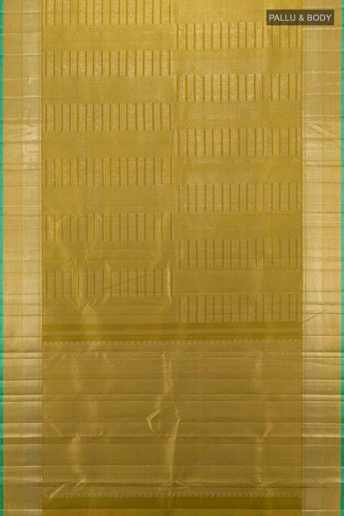 Flat view of Mehandi Green Kanchipuram Silk Saree with Zari Butta on the body and Silk Border. 