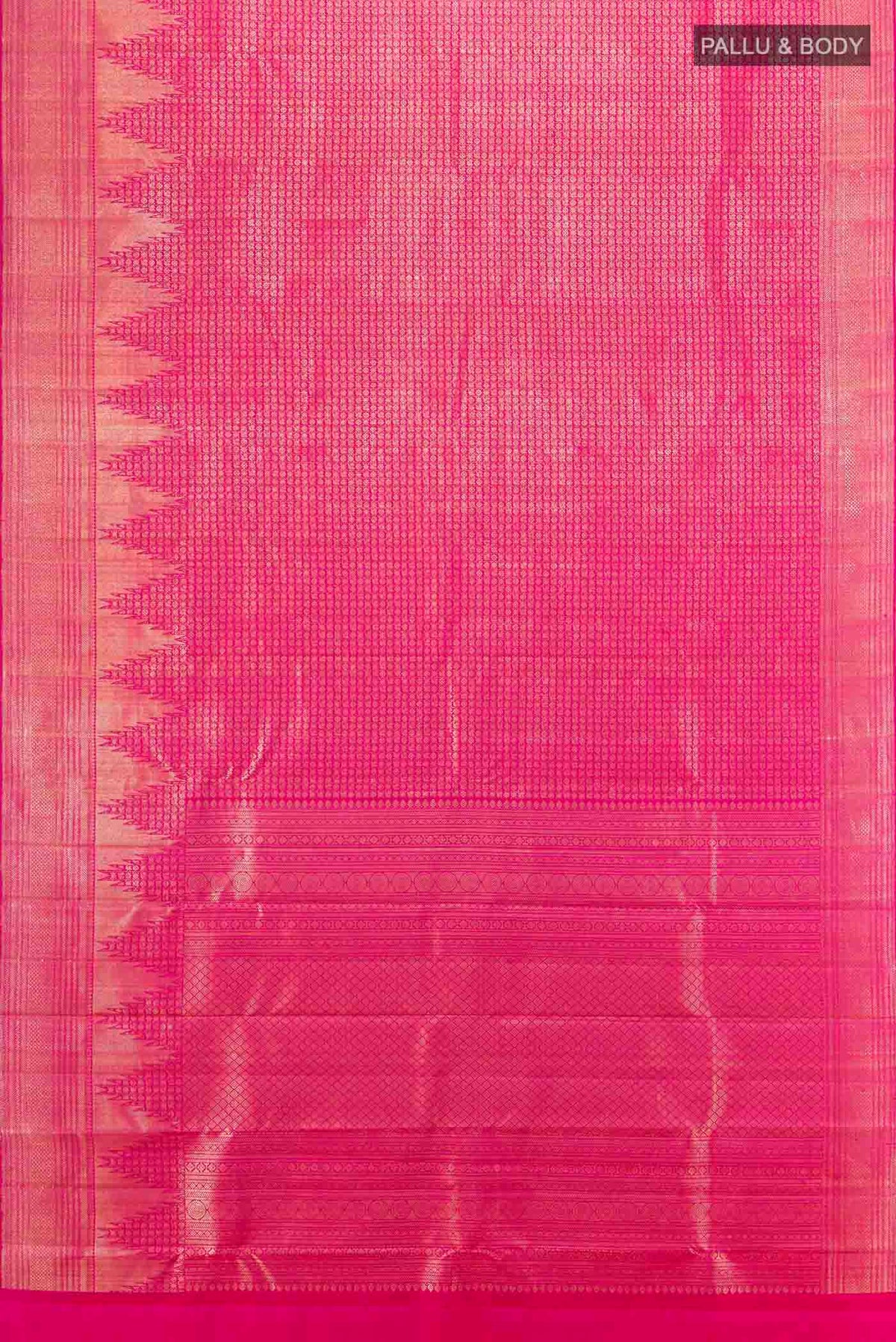 Flat view of Magenta Kanchipuram Silk Saree with Zari Butta on the body and Silk Border. 