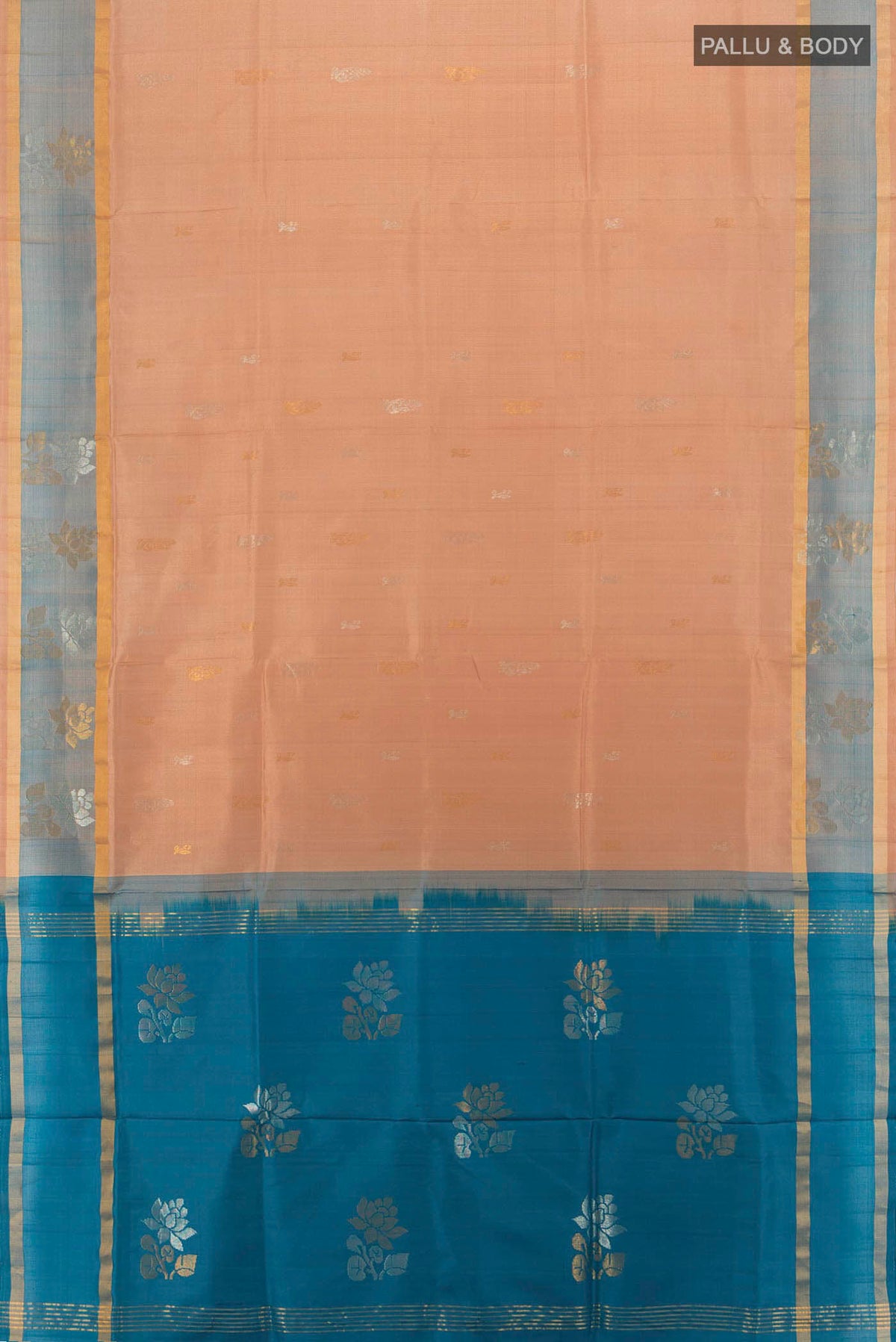 Flat view of Beige Uppada Silk Saree with Zari Butta on the body and Silk Border. 