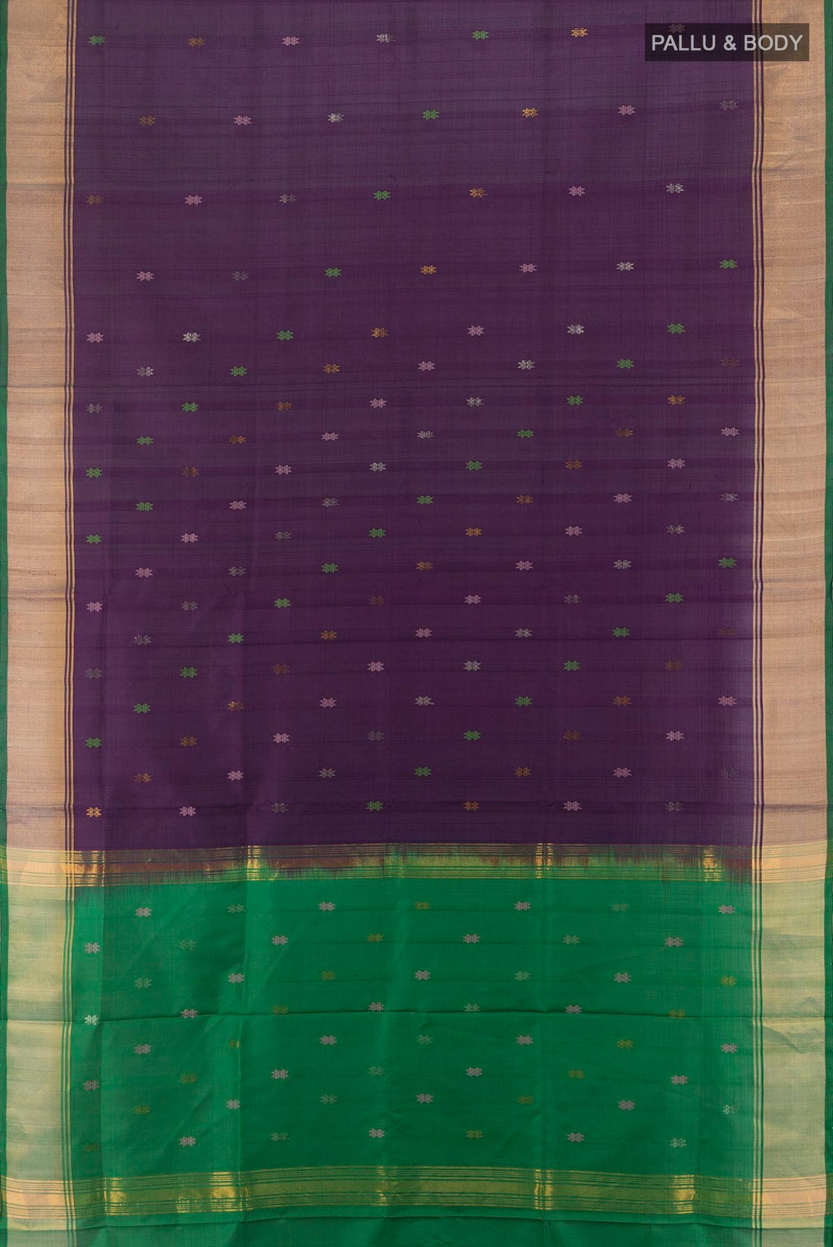 Flat view of Navy Blue Uppada Silk Saree with Zari Butta on the body and Silk Border. 