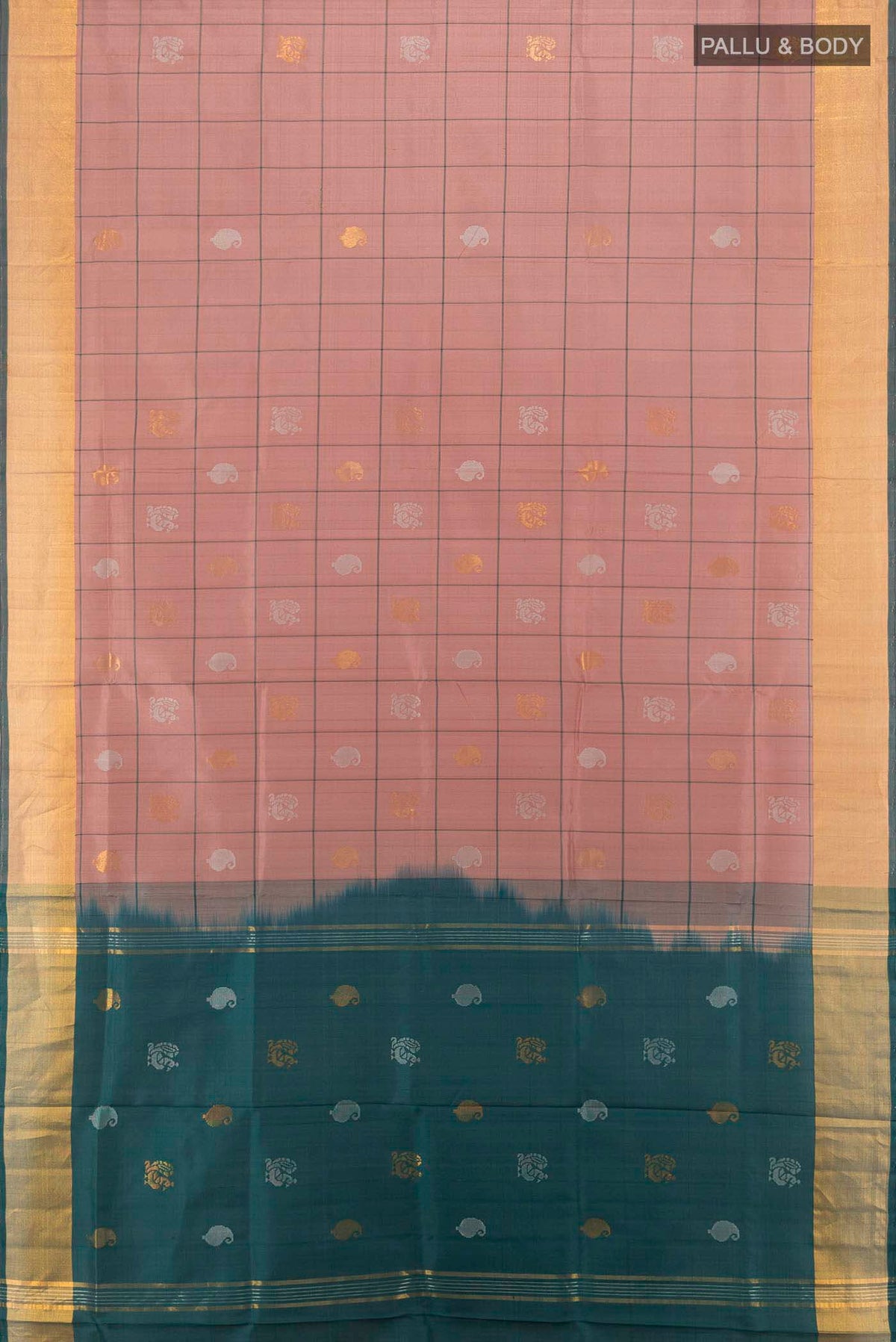 Flat view of Dark Beige Uppada Silk Saree with Zari Butta on the body and Silk Border. 