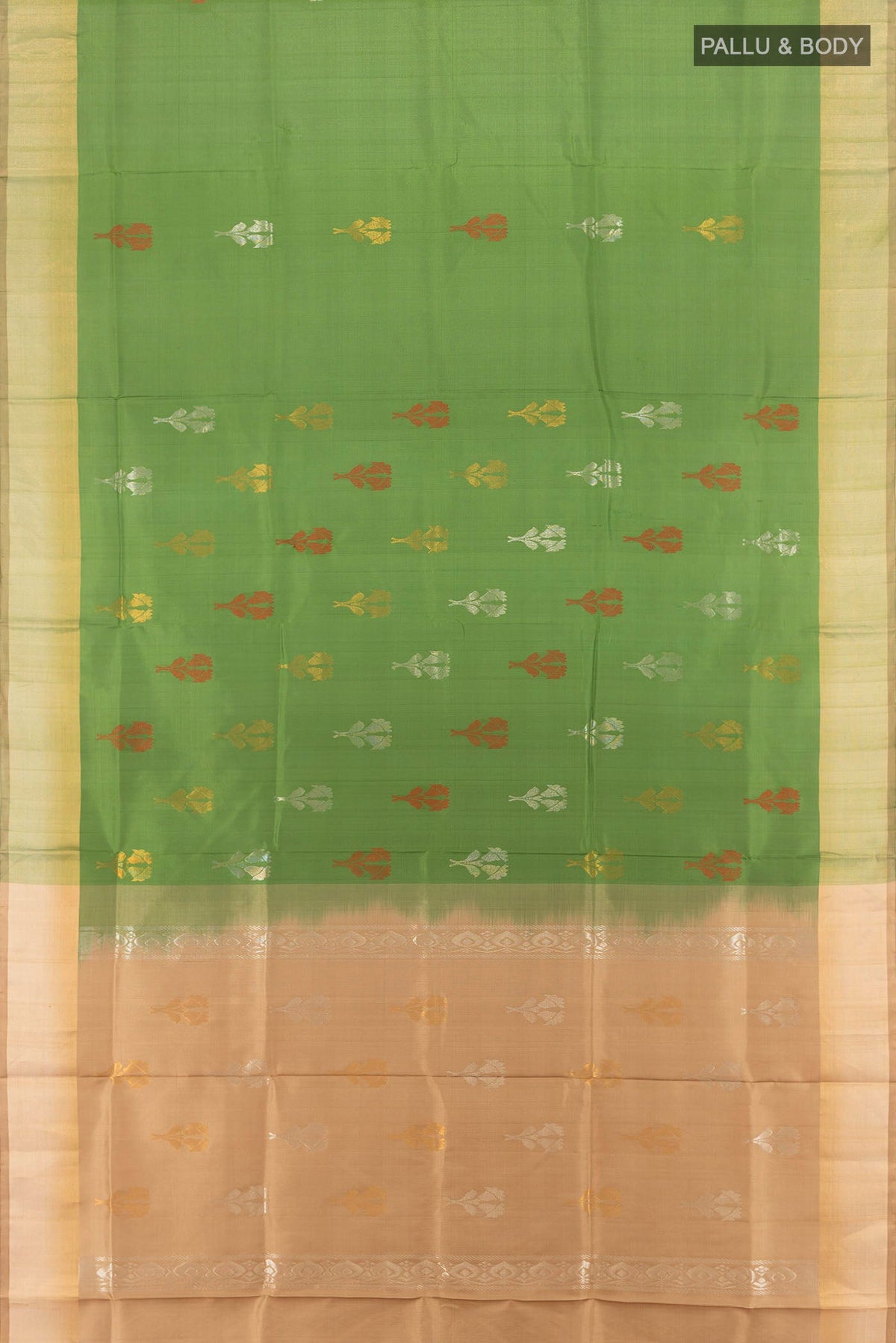 Flat view of Light Green Uppada Silk Saree with Zari Butta on the body and Silk Border. 