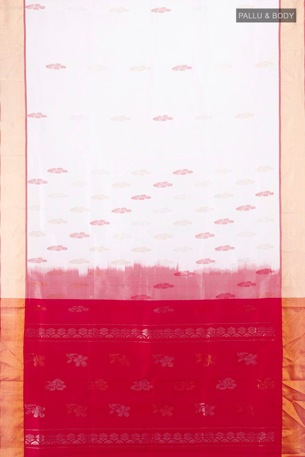 Flat view of Off White Uppada Silk Saree with Zari Butta on the body and Silk Border. 
